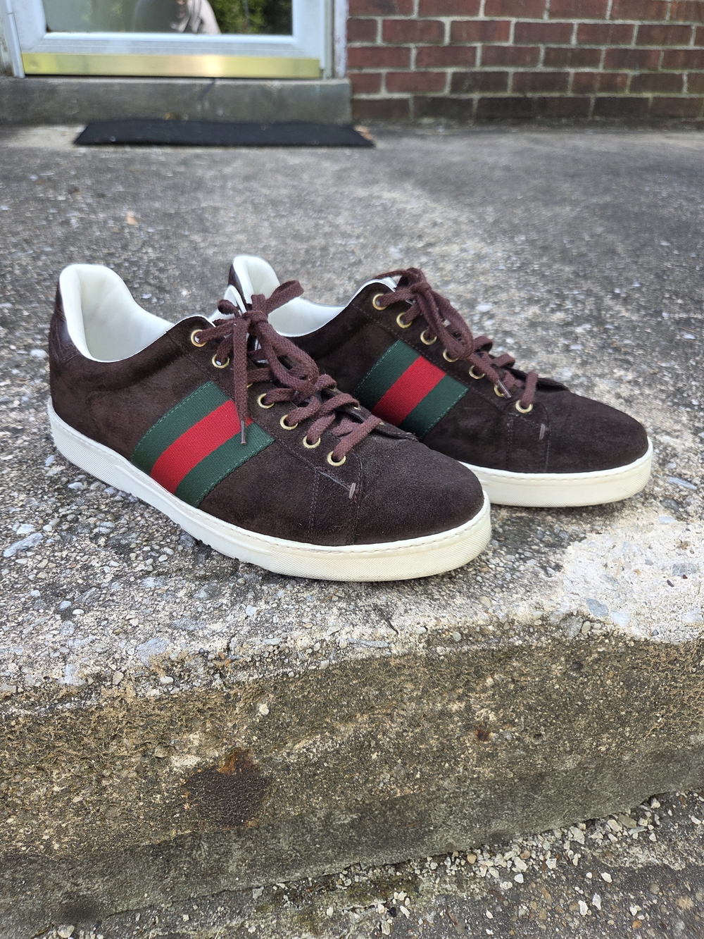 Gucci Brown Suede Sneakers with Red & Green Web Stripe